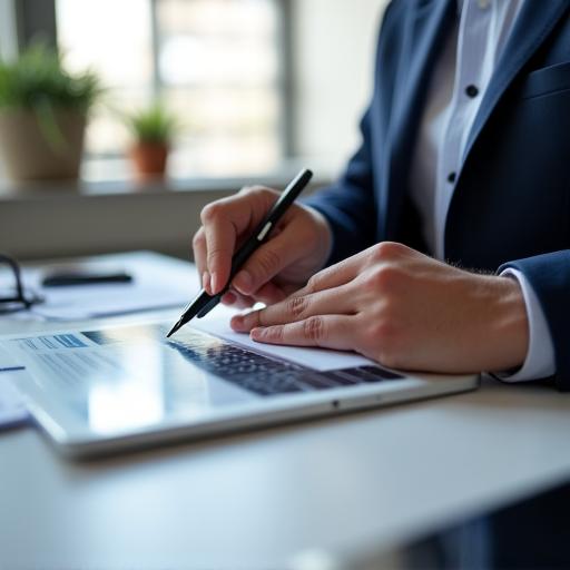 A legal professional using a tablet and stylus to review and annotate a contract